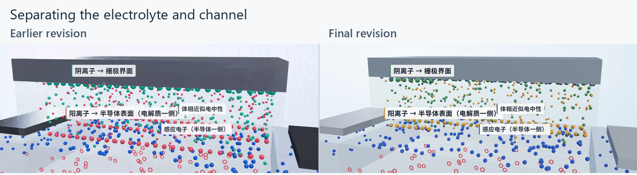 Earlier and final macro-interface views, showing a cutaway and interface grid that separate the electrolyte from the channel